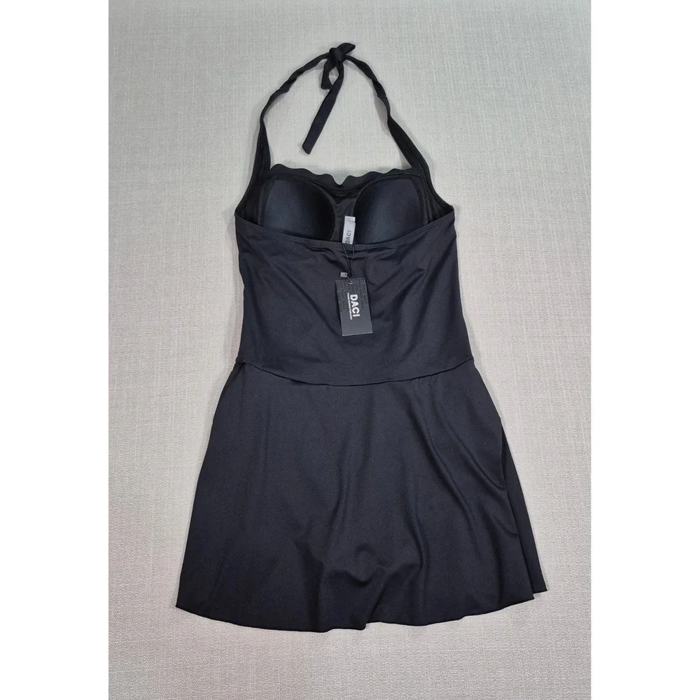 Daci Women Black Ruched Tummy Control Halter Swimdress One Piece Swimsuit Size L